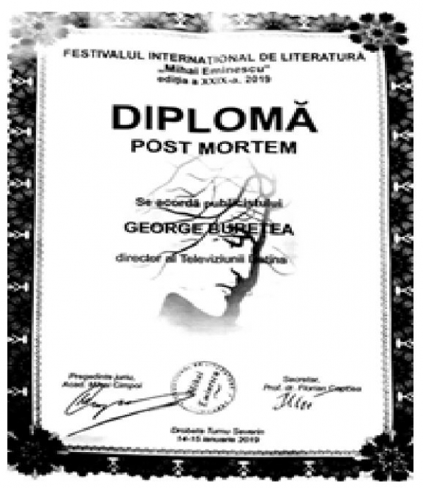 Diploma pentru activități jurnalistice în cadrul Festivalului Internaţional de Literatură „Mihai Eminescu”