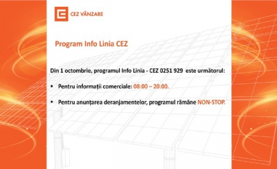 De la 1 octombrie, Info Linia CEZ (0251 929) va fi disponibilă de luni până vineri între 08:00 – 20:00